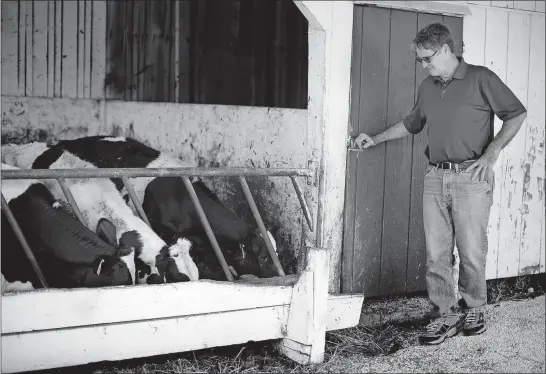  ?? [COURTNEY HERGESHEIM­ER/DISPATCH PHOTOS] ?? Larry Cain checks on some of the cows at his Belmont County farm. He leases 280 acres of his land to the fracking company.