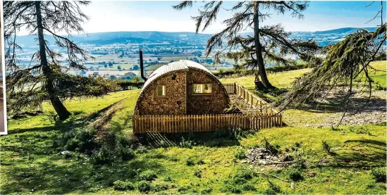  ??  ?? BUCOLIC BLISS: The Hush Hush Glamping pod in Wales with its view over the Radnor Valley. Inset left: Inside The Hop Store in Herefordsh­ire