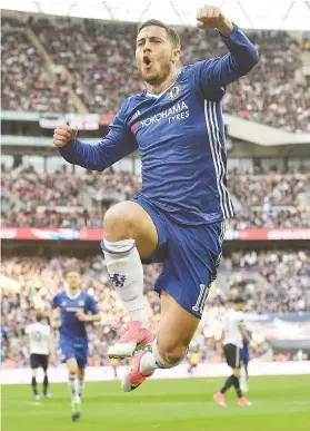  ?? Picture: EPA ?? HIGH JINKS. Chelsea’s Eden Hazard celebrates after scoring in their 4-2 win over Spurs at Wembley on Saturday.