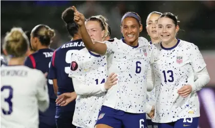  ?? ?? The United States’ Olivia Moultrie (13) celebrates after scoring a goal alongside team-mate Lynn Williams (6) during the first half Tuesday’s match against the Dominican Republic at Dignity Health Sports Park. Photograph: Brad Smith/ISI Photos/USSF/Getty Images for USSF