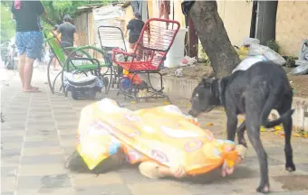  ??  ?? Niños juegan bajo una frazada con un perro. Viven en refugios colocados en 21ª Proyectada.