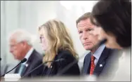  ?? Photo by Tom Brenner-Pool / Getty Images ?? Sen. Richard Blumenthal, D-Conn., looks on as Antigone Davis, of Facebook, testifies virtually during a Senate hearing on children’s online safety and mental health Thursday in Washington, D.C.