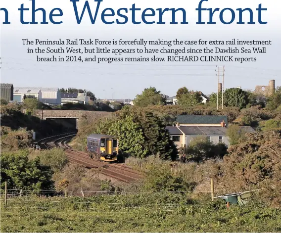  ?? CRAIG MUNDAY. ?? Connectivi­ty and capacity are key to growing the railways in the South West, according to the Peninsula Rail Task Force. On May 23, Great Western Railway 153305 scampers west through Brea (near Camborne), past a former clay mine, with a Plymouth-Penzance train.
