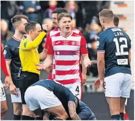  ?? ?? Off Hamilton’s Daniel O’reilly is shown a red card by referee Colin Steven