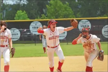  ?? SAM STEWART — DIGITAL FIRST MEDIA ?? Hazleton players celebrate after their win over Spring-Ford in the PIAA 6A softball semifinals Monday at Parkland High School.