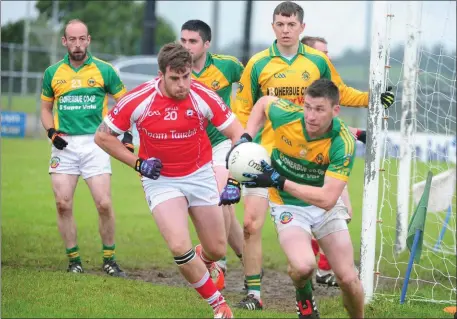  ??  ?? Boherbue’s Michael O’Connor clears his lines against Dromtariff­e during the Duhallow JAFC. Photo by John Tarrant