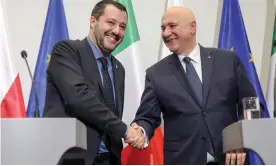  ?? Photograph: Andrzej Iwanczuk/REPORTER/REX/Shuttersto­ck ?? Italy’s deputy prime minister Matteo Salvini and Poland’s interior minister Joachim Brudzinski in Warsaw.
