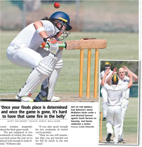  ?? Pictures: GLENN FERGUSON ?? HOT IN THE MIDDLE: East Belmont’s James McMahon ducks under a well-directed bouncer against South Barwon on Saturday. Joel Davies celebrates a wicket.