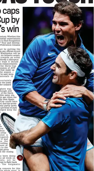  ?? EPA ?? Blues brothers: Nadal runs from the bench and jumps into Federer’s arms after the Swiss beats Kyrgios in the decider
