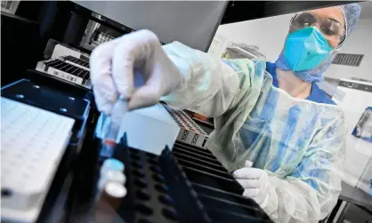  ?? Photograph: Sascha Steinbach/ EPA ?? A molecular geneticist runs a test for coronaviru­s in a hospital lab in the Rhineland region of Germany.