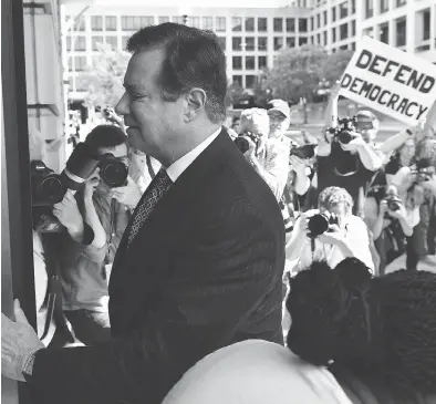  ?? MANDEL NGAN / AFP / GETTY IMAGES ?? Paul Manafort arrives for a hearing at U.S. District Court in Washington last June. Manafort, Donald Trump’s former election campaign chief, was sentenced Thursday to 47 months in prison for tax crimes and bank fraud.