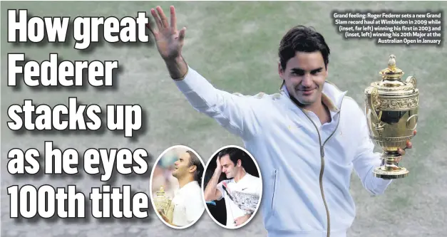  ??  ?? Grand feeling: Roger Federer sets a new Grand Slam record haul at Wimbledon in 2009 while (inset, far left) winning his first in 2003 and (inset, left) winning his 20th Major at theAustral­ian Open in January