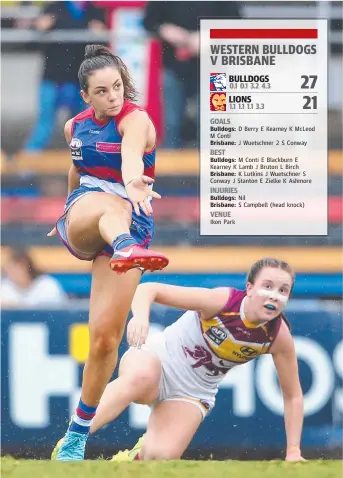  ?? Picture: GETTY IMAGES ?? Monique Conti kicks a goal during the Western Bulldogs’ AFLW Grand Final victory over the Brisbane Lions at Ikon Park in Melbourne yesterday