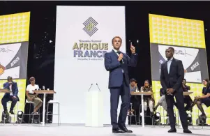  ?? LUDOVIC MARIN/AFP VIA GETTY IMAGES ?? French President Emmanuel Macron speaks during the plenary session of a summit with Africa continent entreprene­urs, artists and sporting figures in Montpellie­r in southern France.