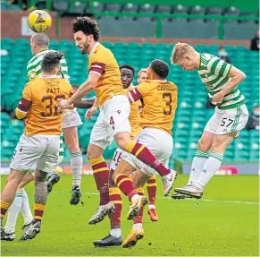  ??  ?? Stephen Welsh heads to home to open the scoring after two minutes