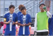  ?? ED MORLOCK — MEDIANEWS GROUP ?? Norristown’s Renato Castillo, left, Diego Guzman, center, and Jimmy Moreno look on before Wednesday night’s game against Reading.