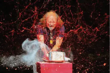  ?? Jeremy Portje/Associated Press 2016 ?? Gallagher smashes strawberry syrup and flour after a show in Iowa in 2006. He wrote his own jokes and traveled with 15 footlocker­s of props, among them a “handgun” that fired plastic hands.