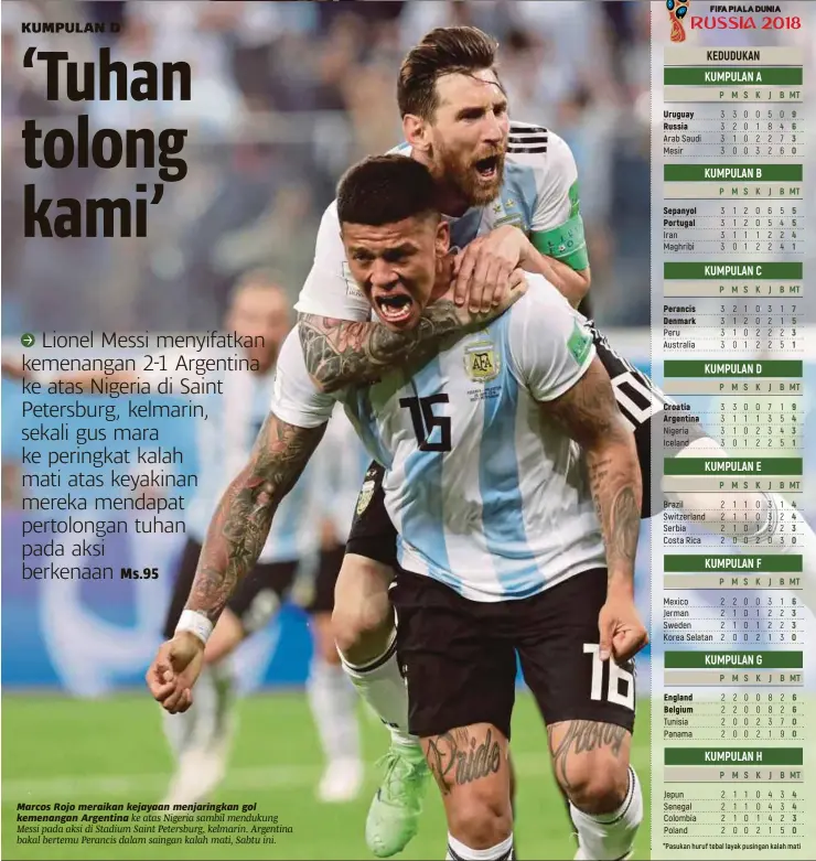  ??  ?? Marcos Rojo meraikan kejayaan menjaringk­an gol kemenangan Argentina ke atas Nigeria sambil mendukung Messi pada aksi di Stadium Saint Petersburg, kelmarin. Argentina bakal bertemu Perancis dalam saingan kalah mati, Sabtu ini.