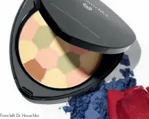  ??  ?? From left: Dr. Hauschka Colour Correcting Powder in Translucen­t ($65), Eyeshadow in Lapis Lazuli ($27) and Lipstick in Amaryllis ($39.50). For details, see Shopping Guide.