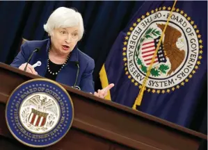  ?? YURI GRIPAS/REUTERS ?? DOVISH: Ketua The Fed Janet Yellen dalam konferensi pers di Washington, Amerika Serikat, kemarin setelah pertemuan dua hari Federal Open Market Committee (FOMC).
