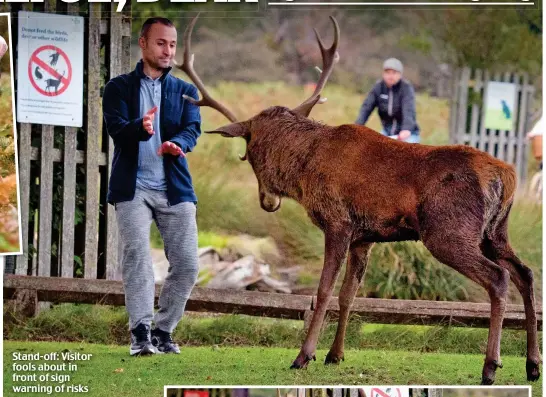  ??  ?? Stand-off: Visitor fools about in front of sign warning of risks