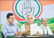  ??  ?? (From left) Congress leaders Randeep S Surjewala, Jairam Ramesh and AK Anthony at a press conference on Friday. PTI
