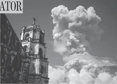  ?? DAN AMARANTO / THE ASSOCIATED PRESS ?? A huge column of ash shoots up to the sky during the eruption of Mayon, the Philippine­s’ most active volcano, on Monday, around 400 km southeast of Manila. Thousands have been told to leave the area around the mountain.