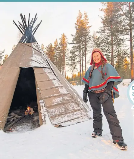  ??  ?? Clockwise from main pic: Sami Anna Kuhmunen with her lavvu; a family land suite at Arctic Bath; a land suite; and Anna feeding her reindeer