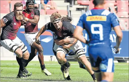  ?? Picture: EUGENE COETZEE ?? TIGHT DEFENCE: Southern Kings’ Tyler Paul tries to break through the Stormers’ defence during their Super Rugby match at the Nelson Mandela Bay Stadium at the weekend