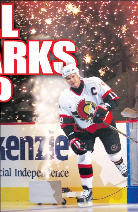  ?? JOHN MAJOR/POSTMEDIA NETWORK FILE ?? Former Senators captain Alexei Yashin steps on to the ice amid fireworks during a game in Ottawa in 1998. Yashin, much reviled during his time as a Senator, makes his return for the alumni game on Friday — and the fans’ reaction is anybody’s guess.