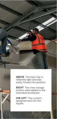  ??  ?? ABOVE The hard-top is relatively light and was easily moved into position. RIGHT Two new storage lockers were added to the extended duckboard. FAR LEFT The customdesi­gned racks for the kayaks.
