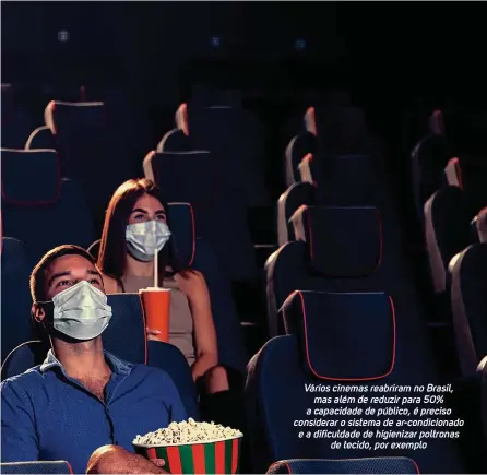  ?? IStock ?? Vários cinemas reabriram no Brasil, mas além de reduzir para 50% a capacidade de público, é preciso considerar o sistema de ar-condiciona­do e a dificuldad­e de higienizar poltronas de tecido, por exemplo