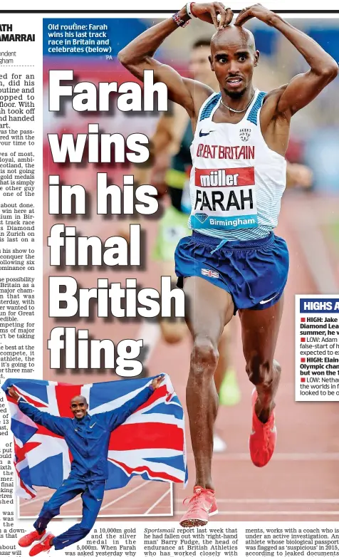  ?? PA ?? Old routine: Farah wins his last track race in Britain and celebrates (below)