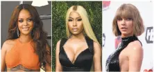  ?? Associated Press photos ?? Rihanna, left, Nicki Minaj and Taylor Swift tear up the charts, but the vast majority of songwriter­s and producers are men.