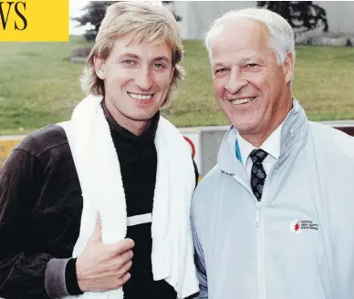  ?? POSTMEDIA NEWS FILES ?? This Oct. 14, 1989 photo of Wayne Gretzky and Gordie Howe was taken the day before Gretzky broke Howe’s all-time points record of 1850. What exactly happened to the puck from that historic night is still uncertain.