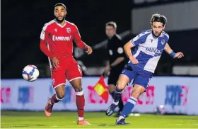  ??  ?? Bristol Rovers’ Luke Leahy plays a pass against Gillingham last night