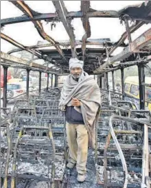  ?? SANJEEV VERMA/HT ARCHIVE ?? The mangled remains of a Haryana bus that was set on fire by a group protesting the release of film ‘Padmaavat’ earlier this year.