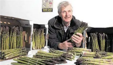  ??  ?? LATE SHOW: Sandy Pattullo, seen here with asparagus from a previous year’s crop, says the poor weather will likely result in a shorter season