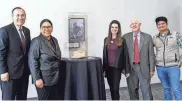  ?? PROVIDED BY TEXAS STATE UNIVERSITY ?? Texas State University community members pose with President Lyndon B. Johnson’s recently donated Stetson hat. From left are university President Kelly Damphousse, Lauren Green of the school’s Gold Star Society, student government President Kiersten Florence, Texas political consultant Kevin Moomaw and Xavier Millan of the Gold Star Society.