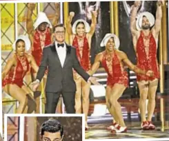  ??  ?? Host Stephen Colbert opens Emmy Awards in L.A. Sunday with cheeky number (above). Far left, Elisabeth Moss wins for “The Handmaid’s Tale.” Left, Riz Ahmed is first Muslim to get Emmy. Top right, Sterling K. Brown wins for “This is Us,” and Nicole...