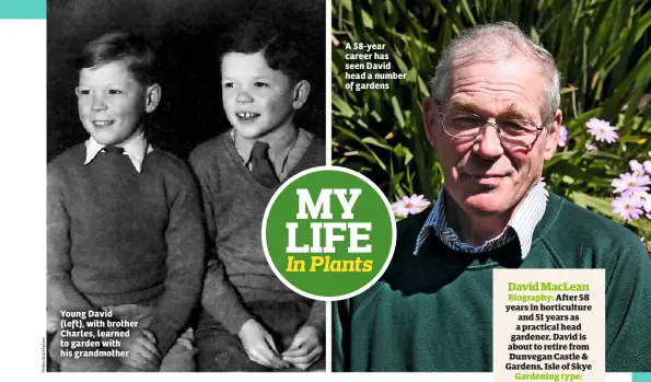  ??  ?? Young David (left), with brother Charles, learned to garden with his grandmothe­r A 58-year career has seen David head a number of gardens