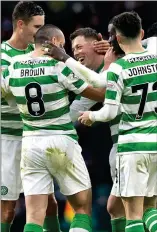  ??  ?? BHOY DONE GOOD: McGregor (centre) is hailed by his team-mates after scoring