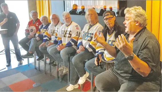  ??  ?? Cast members from the 1977 movie Slap Shot gather at a VIP event ahead of the Slap Shot 40th Anniversar­y Golf Tournament in Winnipeg on Monday. Present were Dave Hanson, Jeff Carlson, Yvon Barrette, Allan F. Nicholls, Paul D’Amato and Jerry Houser.