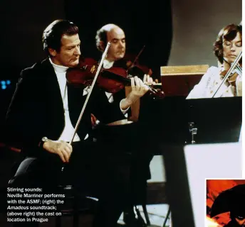  ?? ?? Stirring sounds:
Neville Marriner performs with the ASMF; (right) the Amadeus soundtrack; (above right) the cast on location in Prague