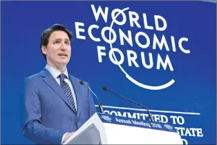  ?? CP PHOTO ?? Prime Minister Justin Trudeau addresses the World Economic Forum Tuesday, January 23, 2018 in Davos, Switzerlan­d. Trudeau says Canada and 10 other countries of the Trans-pacific Partnershi­p have agreed to a revised trade agreement.