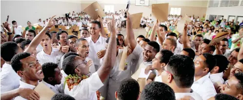  ?? Photo: Jone Luvenitoga ?? Year 13 students of Marist Brothers High School sing their farewell song during the school awards on Friday October 13, 2017.