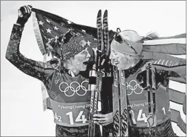  ?? KIRSTY WIGGLESWOR­TH/AP ?? Jessie Diggins, left, and Kikkan Randall are ecstatic after winning cross-country gold.