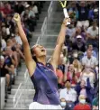  ?? JOHN MINCHILLO — THE ASSOCIATED PRESS ?? Leylah Fernandez reacts after defeating Angelique Kerber during the fourth round of the US Open tennis championsh­ips, Sunday, in New York.