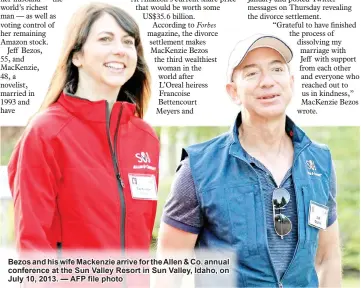  ??  ?? Bezos and his wife Mackenzie arrive for the Allen & Co. annual conference at the Sun Valley Resort in Sun Valley, Idaho, on July 10, 2013. — AFP file photo