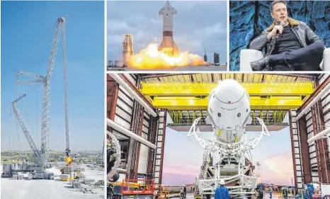  ?? FOTO: COLLAGE/IMAGO IMAGES/LIEBHERR ?? Der LR 11350 (links) arbeitet für das SpaceX-Projekt von Elon Musk (oben).